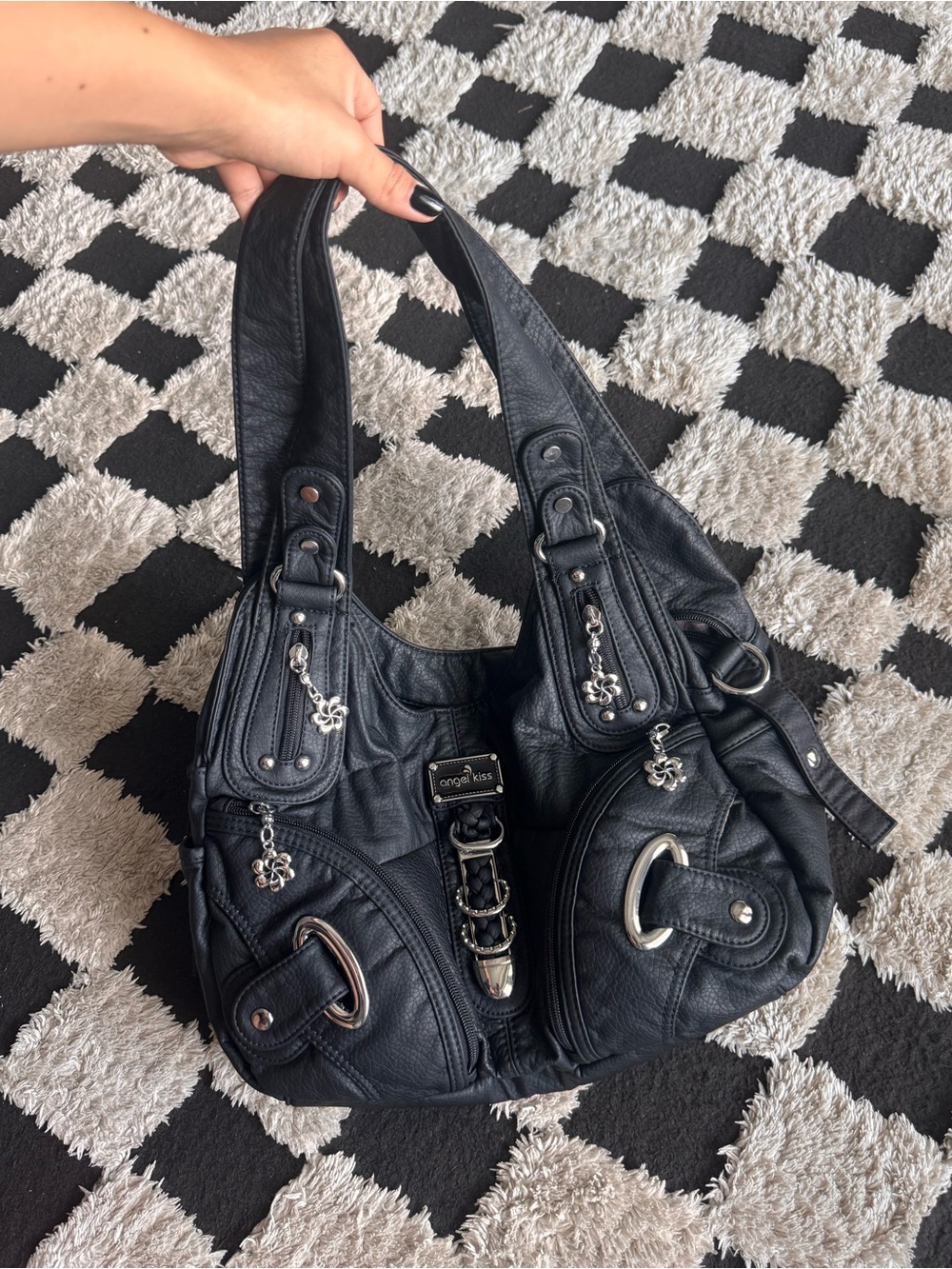 Large ANGEL KISS Black Women's Shoulder Bag with Silver Accents